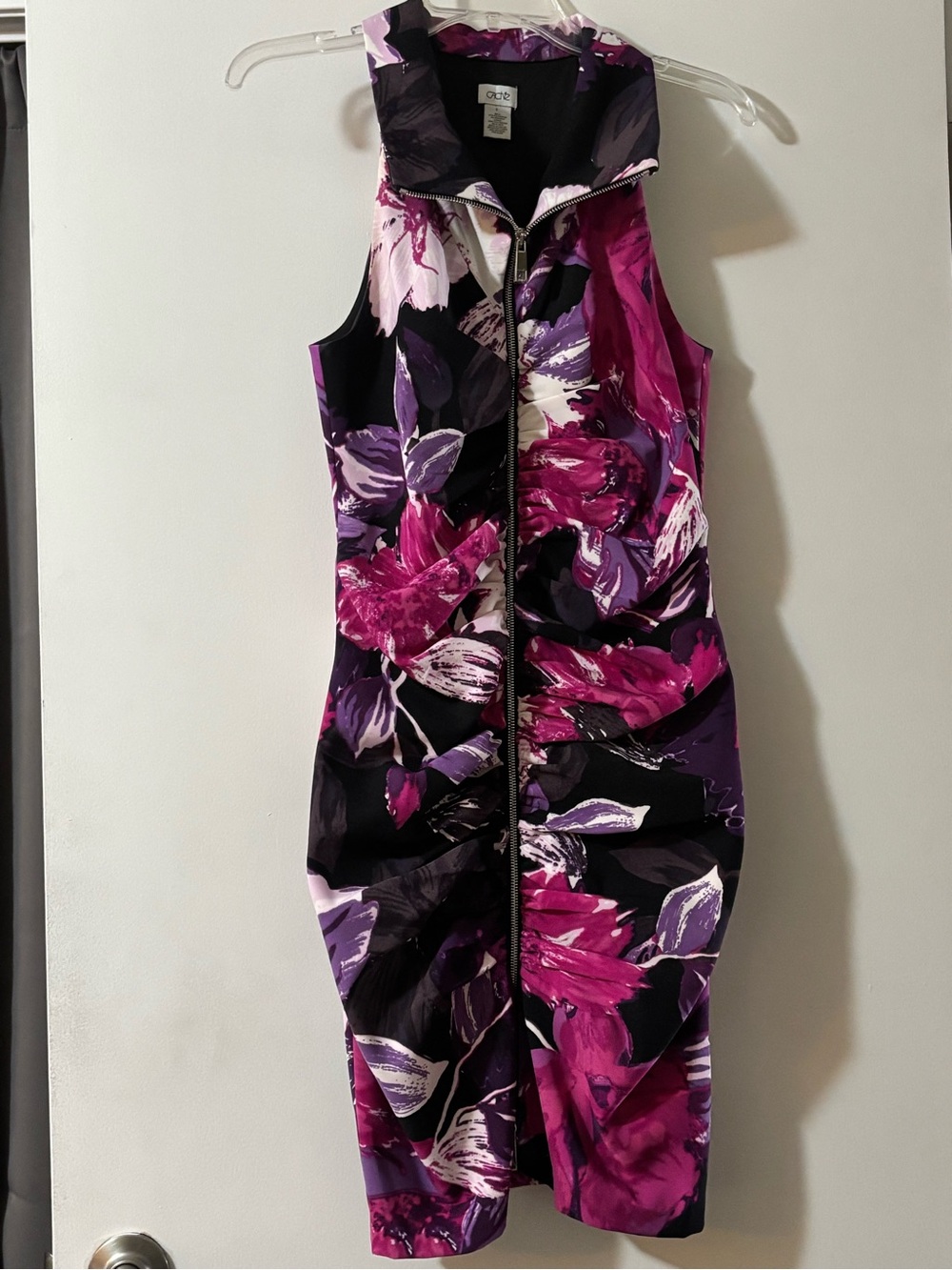Cache Purple and Magenta Floral Zip-Front Sleeveless Dress